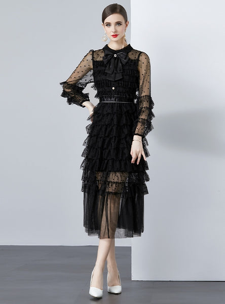 Lapel Bow Perspective Long-sleeved Polka-dot Dress
