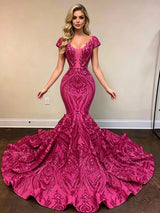 Fuchsia Mermaid Sequins Cap Sleeve Prom Dress