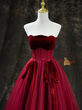 Burgundy Tulle Velvet Beading Prom Dress