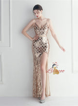 Spaghetti Straps Sequins Beading Prom Dress