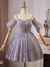 Blue Tulle Sequins Straps Homecoming Dress