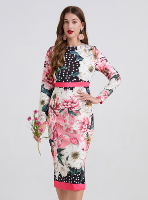 Contrasting Flower Polka-dot Print Slim Dress