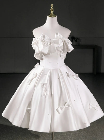 White Satin Strapless Bow Homecoming Dress