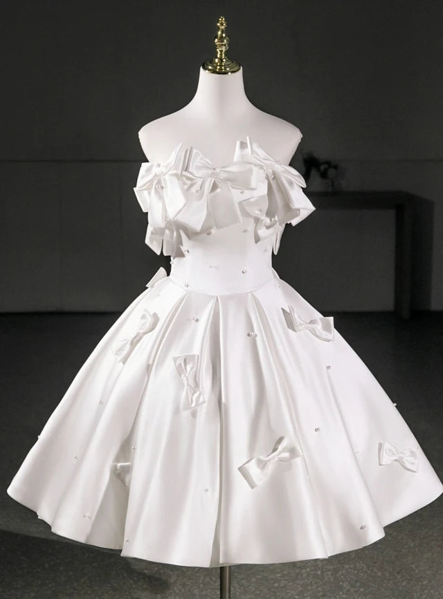 White Satin Strapless Bow Homecoming Dress