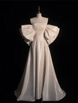 Ivory White Satin Strapless Pleats Wedding Dress