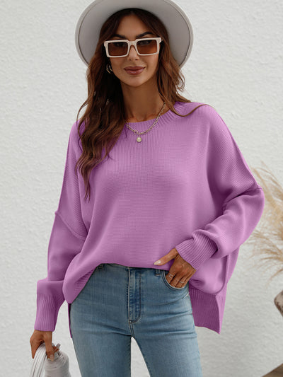 Round Neck Knitted Loose Split Pullover Sweater