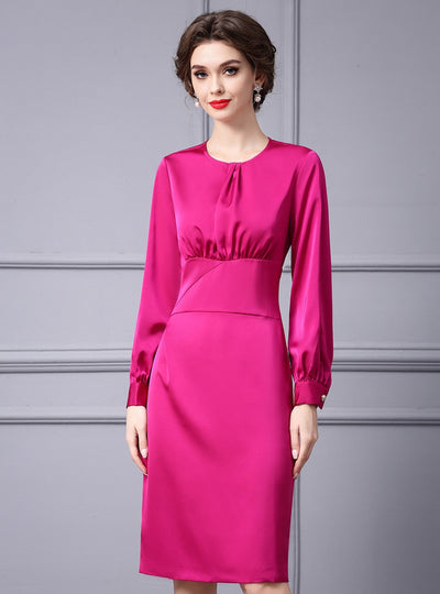 Fuchsia Satin Long Sleeve Mother Of the Brides Dress