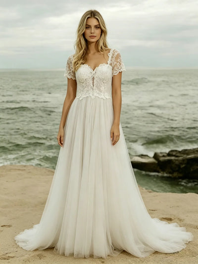 White Lace Short Sleeve Wedding Dress
