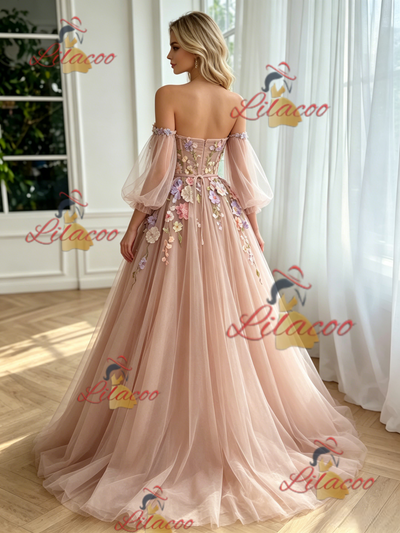 Pink Tulle Long Sleeve Appliques Prom Dress