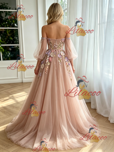 Pink Tulle Long Sleeve Appliques Prom Dress