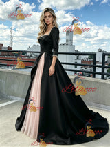 Black Satin Pink Tulle Long Sleeve Prom Dress