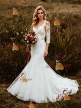 White Mermaid Tulle Appliques Short Sleeve Wedding Dress