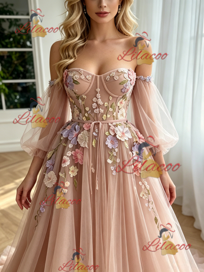 Pink Tulle Long Sleeve Appliques Prom Dress