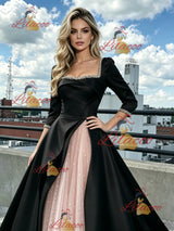 Black Satin Pink Tulle Long Sleeve Prom Dress