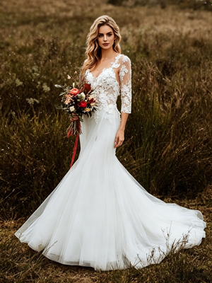 White Mermaid Tulle Appliques Short Sleeve Wedding Dress