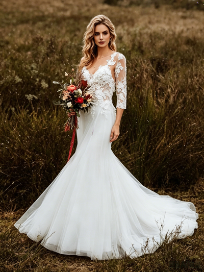White Mermaid Tulle Appliques Short Sleeve Wedding Dress