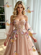 Pink Tulle Long Sleeve Appliques Prom Dress