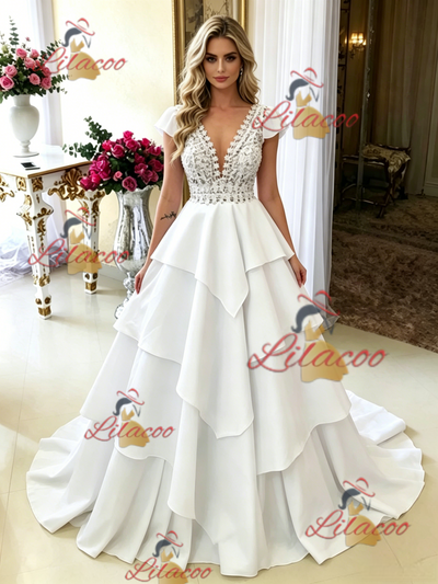 White V-neck Lace Wedding Dress