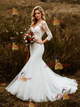 White Mermaid Tulle Appliques Short Sleeve Wedding Dress