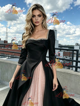Black Satin Pink Tulle Long Sleeve Prom Dress