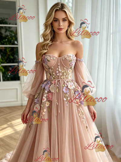 Pink Tulle Long Sleeve Appliques Prom Dress