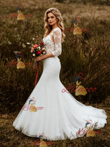 White Mermaid Tulle Appliques Short Sleeve Wedding Dress