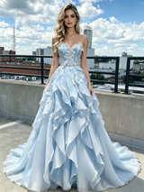 Blue Tulle Strapless Beading Prom Dress