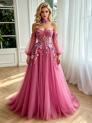 Fuchsia Tulle Long Sleeve Appliques Prom Dress