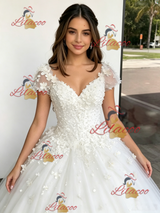 White TUlle V-neck Appliques Quinceanera Dress