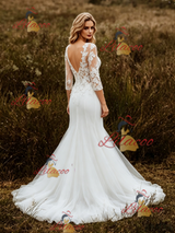 White Mermaid Tulle Appliques Short Sleeve Wedding Dress