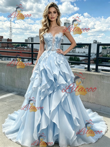 Blue Tulle Strapless Beading Prom Dress