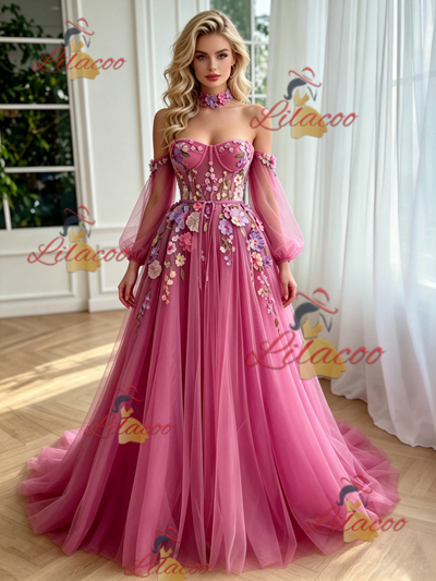 Fuchsia Tulle Long Sleeve Appliques Prom Dress