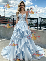 Blue Tulle Strapless Beading Prom Dress