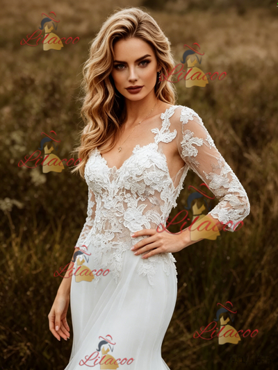 White Mermaid Tulle Appliques Short Sleeve Wedding Dress
