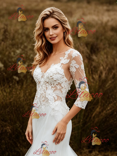 White Mermaid Tulle Appliques Short Sleeve Wedding Dress