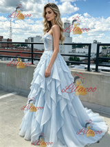 Blue Tulle Strapless Beading Prom Dress
