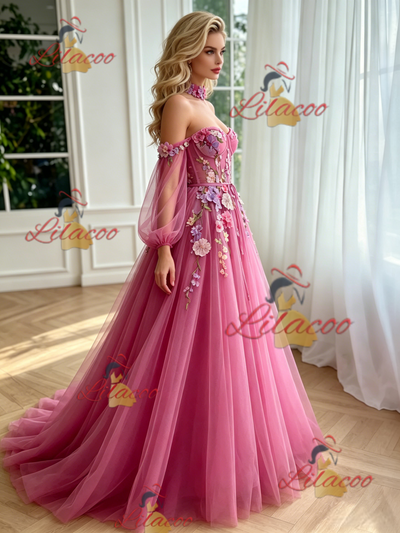 Fuchsia Tulle Long Sleeve Appliques Prom Dress