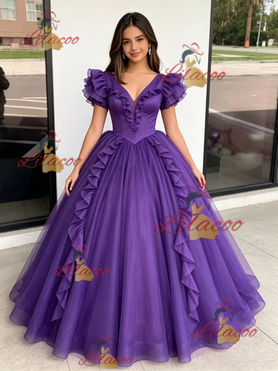 Purple Tulle V-neck Quinceanera Dress