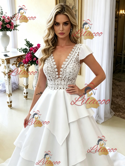 White V-neck Lace Wedding Dress
