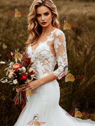 White Mermaid Tulle Appliques Short Sleeve Wedding Dress