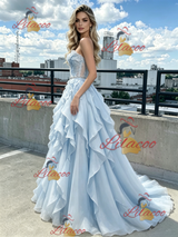 Blue Tulle Strapless Beading Prom Dress