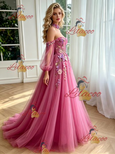 Fuchsia Tulle Long Sleeve Appliques Prom Dress