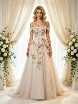 Ivory Tulle Off the Shoulder Appliques Wedding Dress