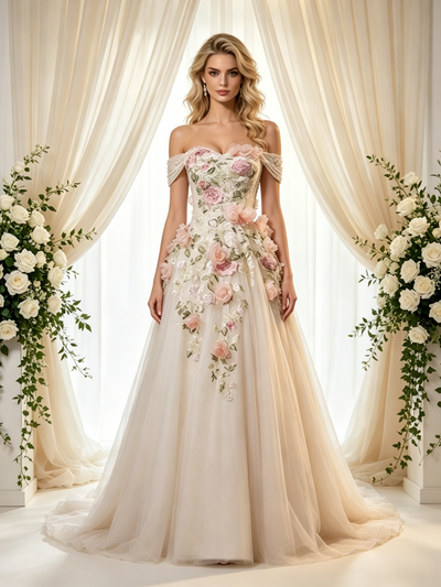 Ivory Tulle Off the Shoulder Appliques Wedding Dress