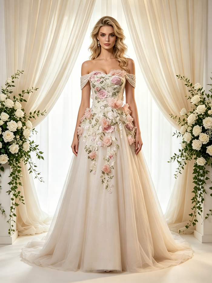 Ivory Tulle Off the Shoulder Appliques Wedding Dress