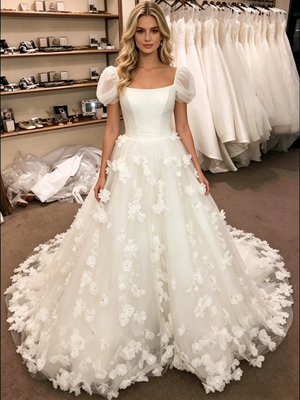 White Tulle Puff Sleeve Flower Wedding Dress