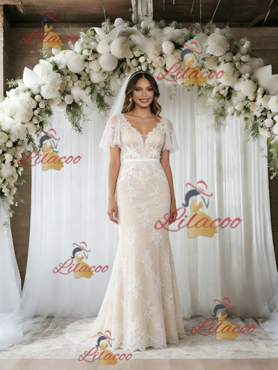 Ivory White Mermaid Lace V-neck Wedding Dress