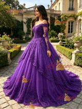 Purple Tulle Off the Shoulder Appliques Quinceanera Dress