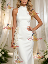 White Sheath Satin High Neck Flower Wedding Dress