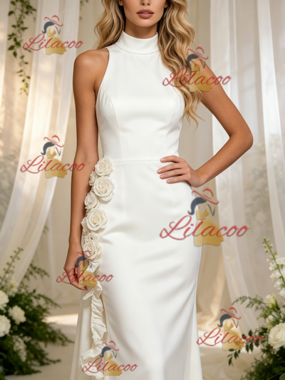 White Sheath Satin High Neck Flower Wedding Dress